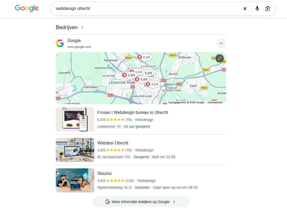 Google-zoekresultaten voor ‘webdesign utrecht’ met het kaartblok: een kaart van Utrecht en drie webdesignbureaus met hun score en reviews